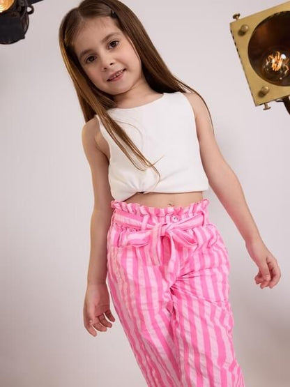 Girls Pink Striped Paperbag Pants - High - Waist Tie - Belt Summer Trousers Legacy Boutiques Legacy Boutiques