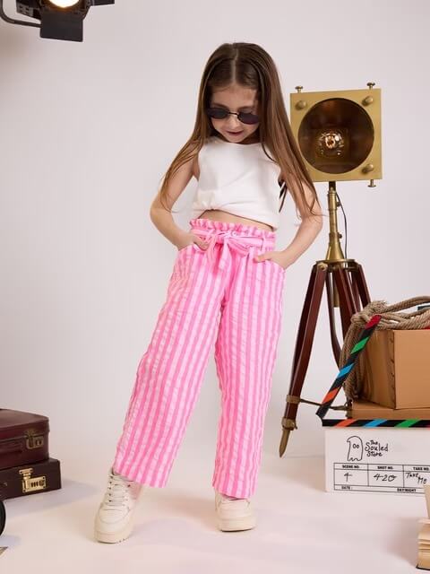 Girls Pink Striped Paperbag Pants - High - Waist Tie - Belt Summer Trousers Legacy Boutiques Legacy Boutiques