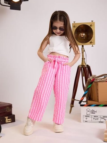 Girls Pink Striped Paperbag Pants - High - Waist Tie - Belt Summer Trousers Legacy Boutiques Legacy Boutiques