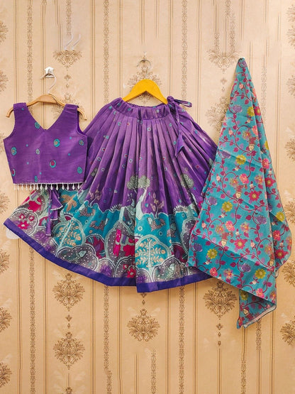 Girls Purple Silk Kalamkari Lehenga Choli Traditional Elephant Print 3 Pis Legacy Boutiques Legacy Boutiques