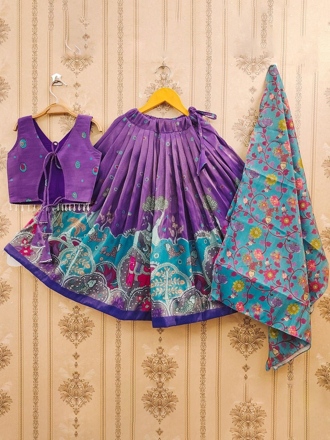 Girls Purple Silk Kalamkari Lehenga Choli Traditional Elephant Print 3 Pis Legacy Boutiques Legacy Boutiques