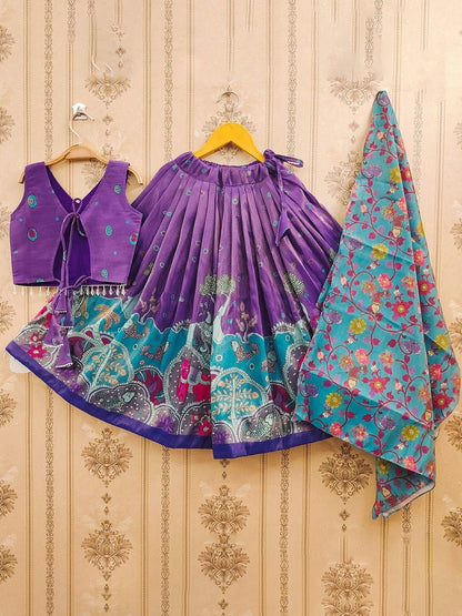 Girls Purple Silk Kalamkari Lehenga Choli Traditional Elephant Print 3 Pis Legacy Boutiques Legacy Boutiques