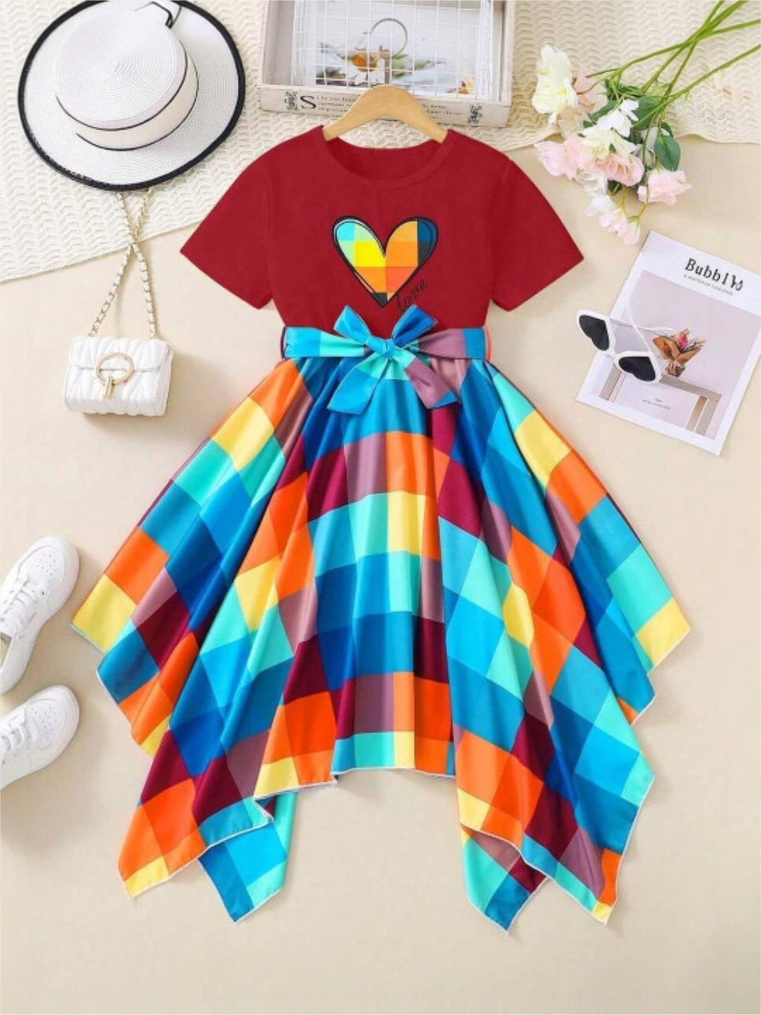 Girls Red Heart Graphic Tee &amp; Rainbow Checkered Handkerchief Hem Dress Legacy Boutiques Legacy Boutiques