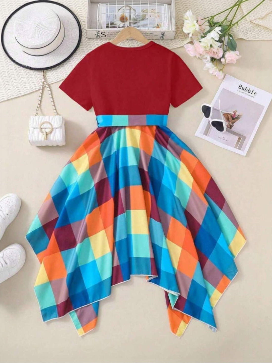 Girls Red Heart Graphic Tee &amp; Rainbow Checkered Handkerchief Hem Dress Legacy Boutiques Legacy Boutiques