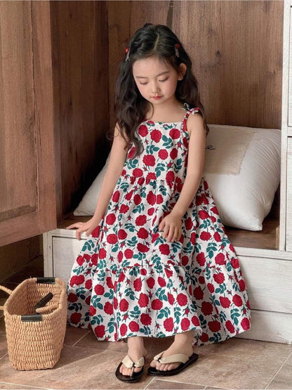 Girls Red Rose Floral Print Tiered Maxi Dress with Adjustable Tie Straps Legacy Boutiques Legacy Boutiques