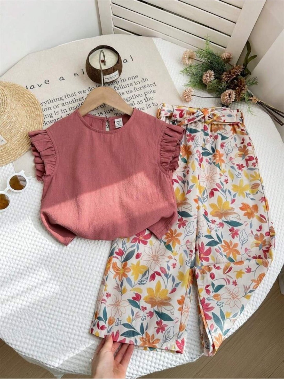 Girls Ruffle Trim Textured Tee &amp; High - Waist Floral Belted Pant Set Legacy Boutiques Legacy Boutiques
