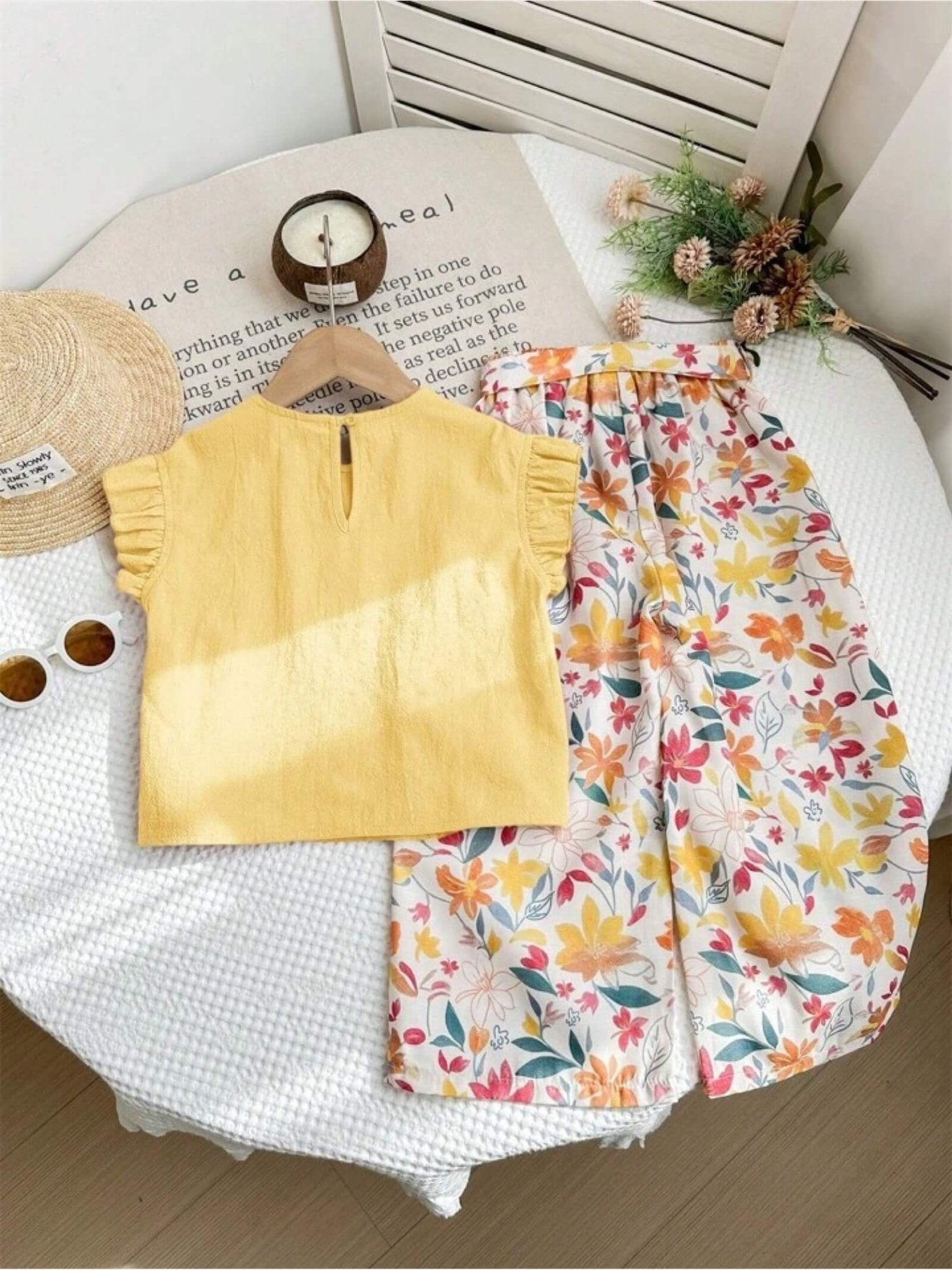 Girls Ruffle Trim Textured Tee &amp; High - Waist Floral Belted Pant Set Legacy Boutiques Legacy Boutiques