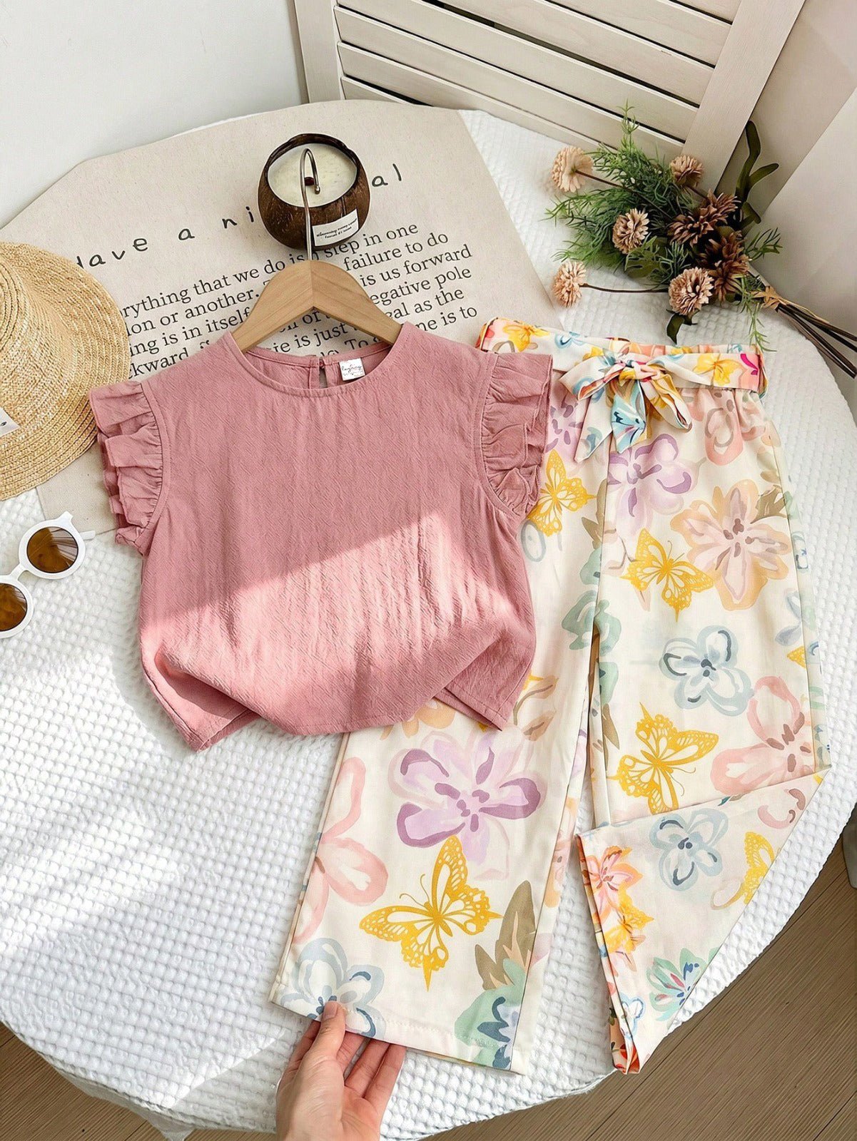 Girls Ruffle Trim Textured Tee &amp; High - Waist Floral Belted Pant Set Legacy Boutiques Legacy Boutiques