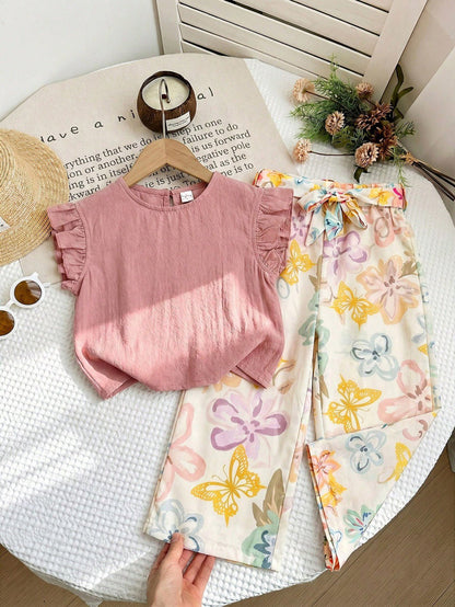 Girls Ruffle Trim Textured Tee &amp; High - Waist Floral Belted Pant Set Legacy Boutiques Legacy Boutiques