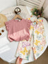Girls Ruffle Trim Textured Tee & High - Waist Floral Belted Pant Set Legacy Boutiques Legacy Boutiques