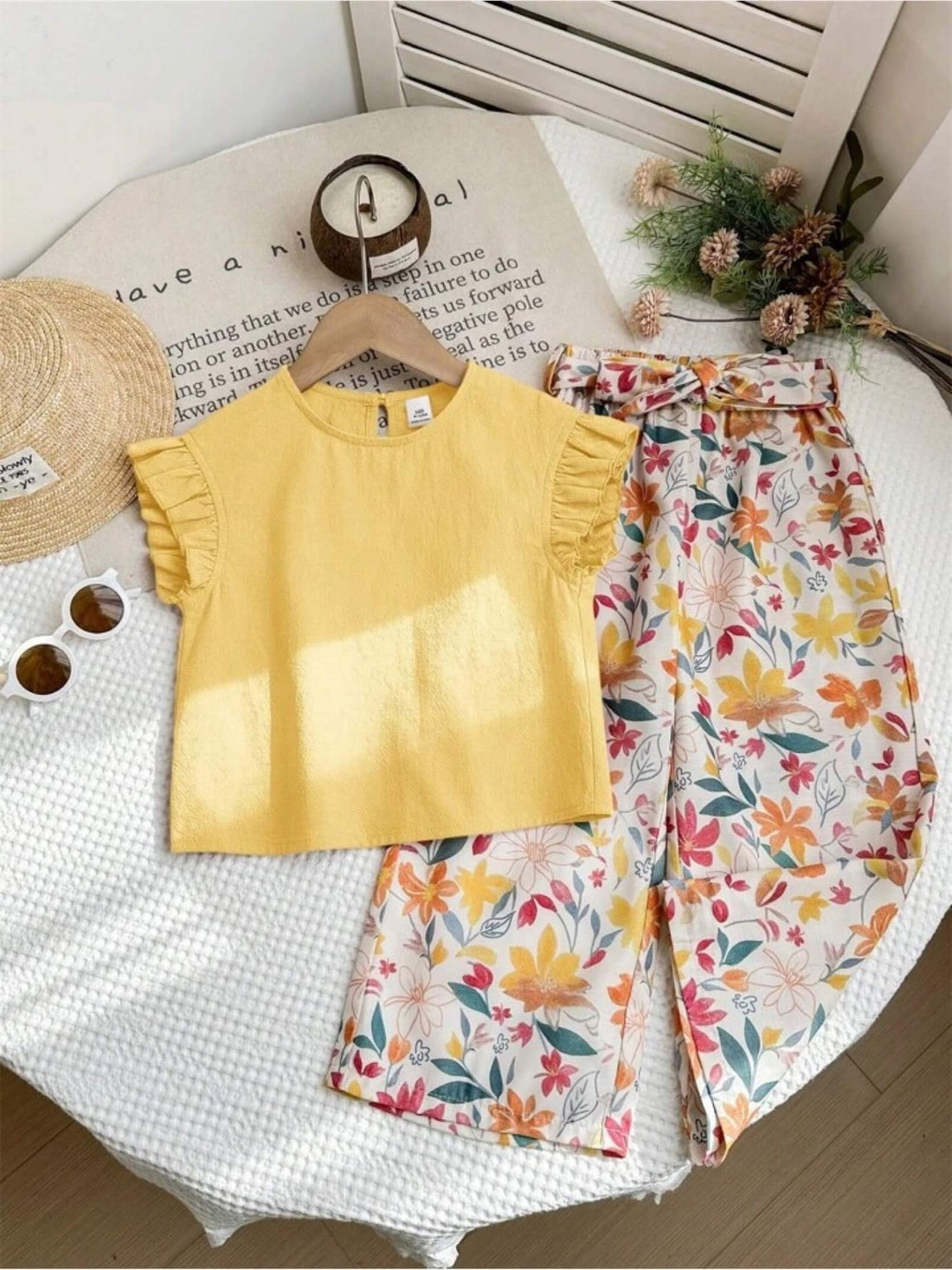 Girls Ruffle Trim Textured Tee &amp; High - Waist Floral Belted Pant Set Legacy Boutiques Legacy Boutiques