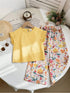 Girls Ruffle Trim Textured Tee & High - Waist Floral Belted Pant Set Legacy Boutiques Legacy Boutiques