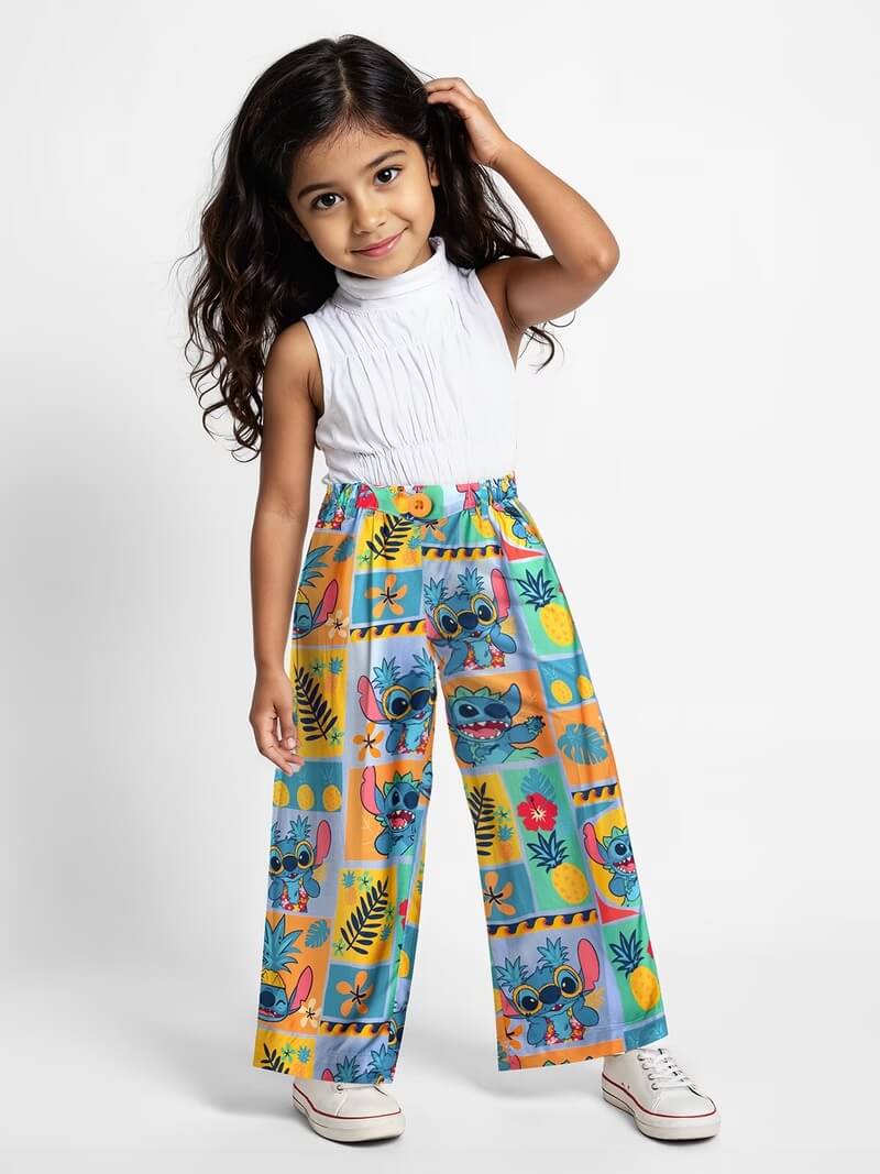 Girls Stitch Tropical Wide - Leg Pants - Disney Lilo &amp; Stitch Summer Trousers Legacy Boutiques Legacy Boutiques