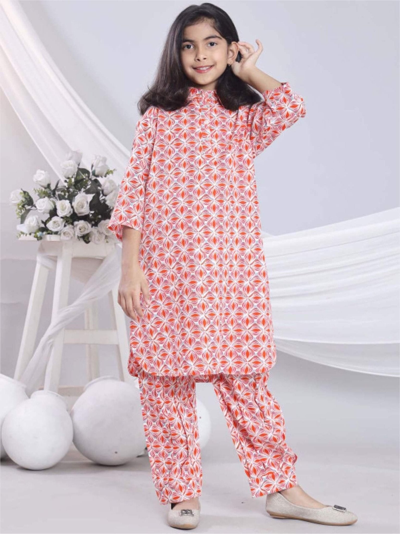 Girls White &amp; Pink Floral Long Sleeve Flared 2 Pies Dress - Rose Petal Legacy Boutiques Legacy Boutiques