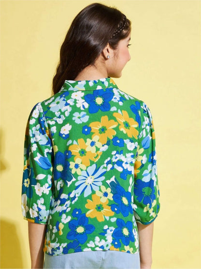 Green Floral Print Puff Sleeve Shirt | Vibrant Rayon Casual Top for Girls Legacy Boutiques Legacy Boutiques