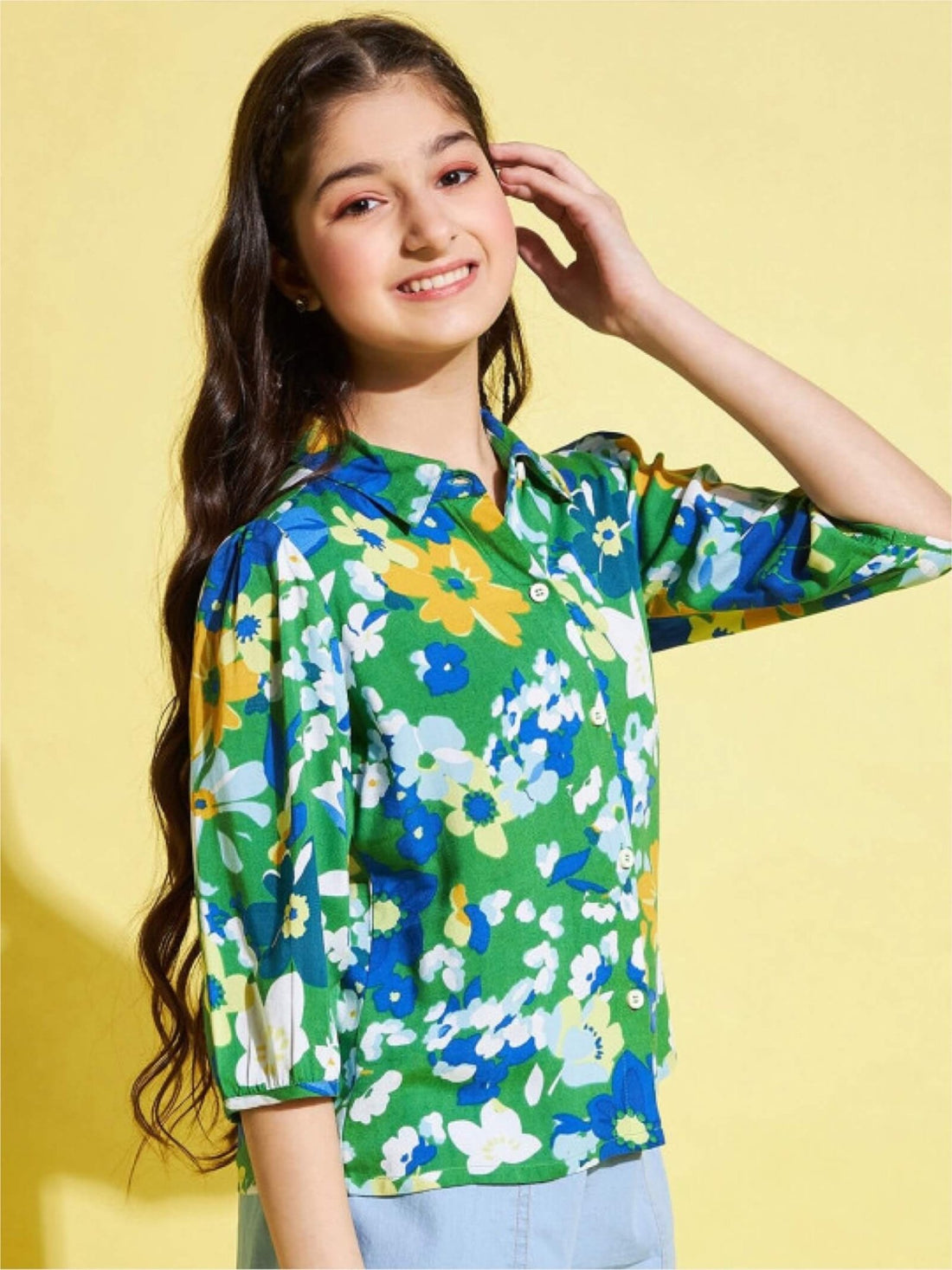 Green Floral Print Puff Sleeve Shirt | Vibrant Rayon Casual Top for Girls Legacy Boutiques Legacy Boutiques