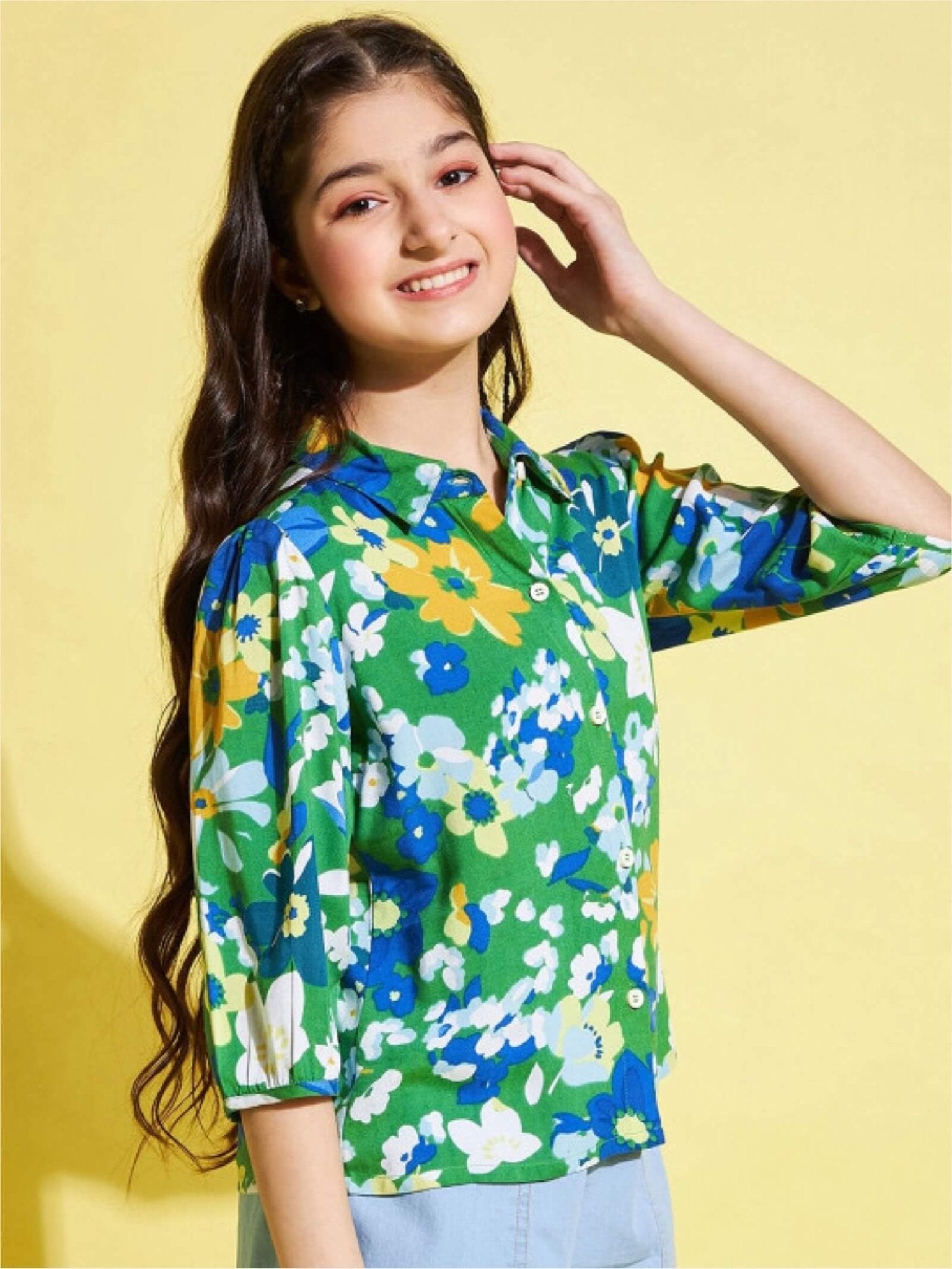 Green Floral Print Puff Sleeve Shirt | Vibrant Rayon Casual Top for Girls Legacy Boutiques Legacy Boutiques