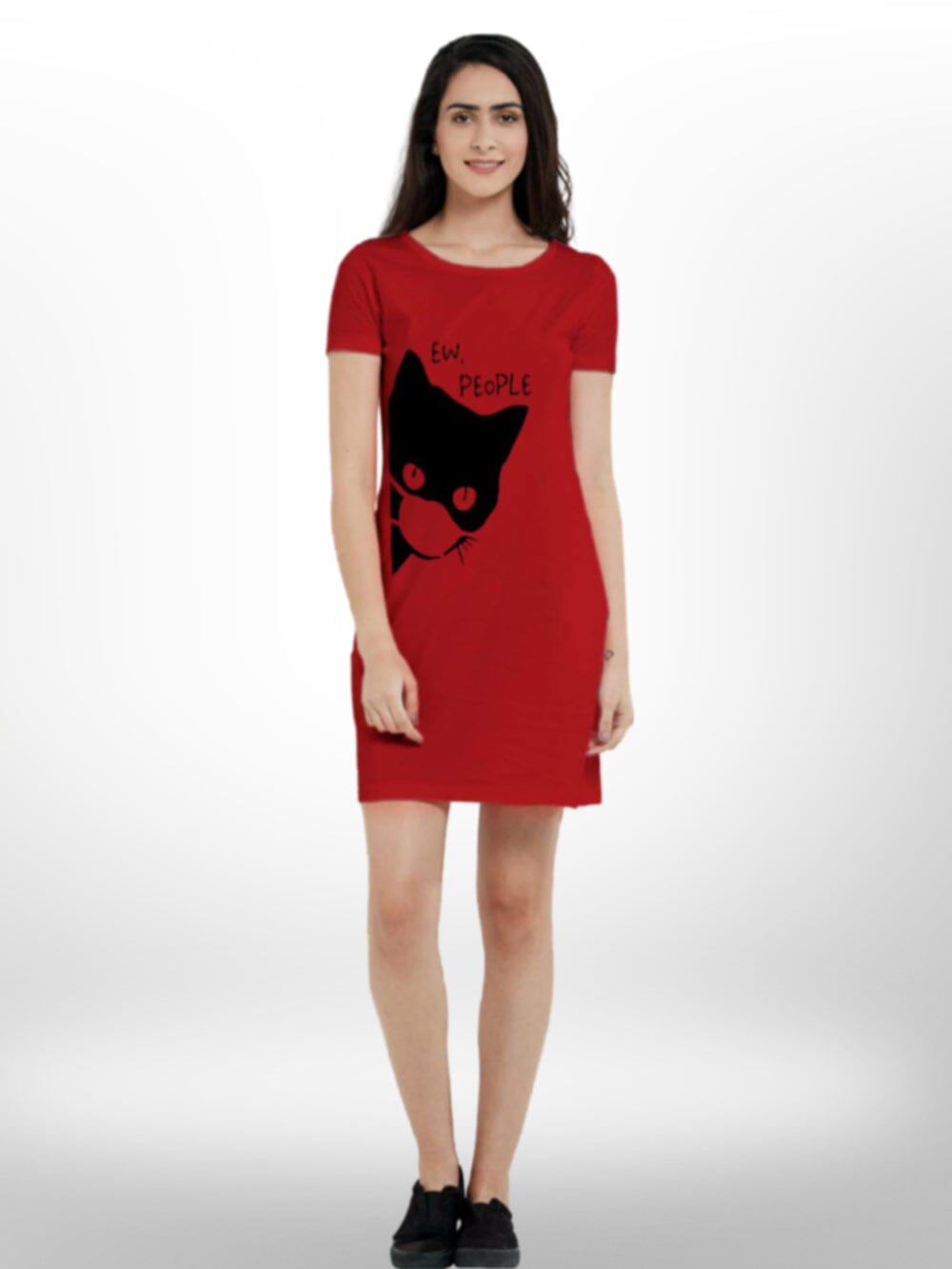 Half Sleeve Top Cat Printed Long T-shirt For Women&