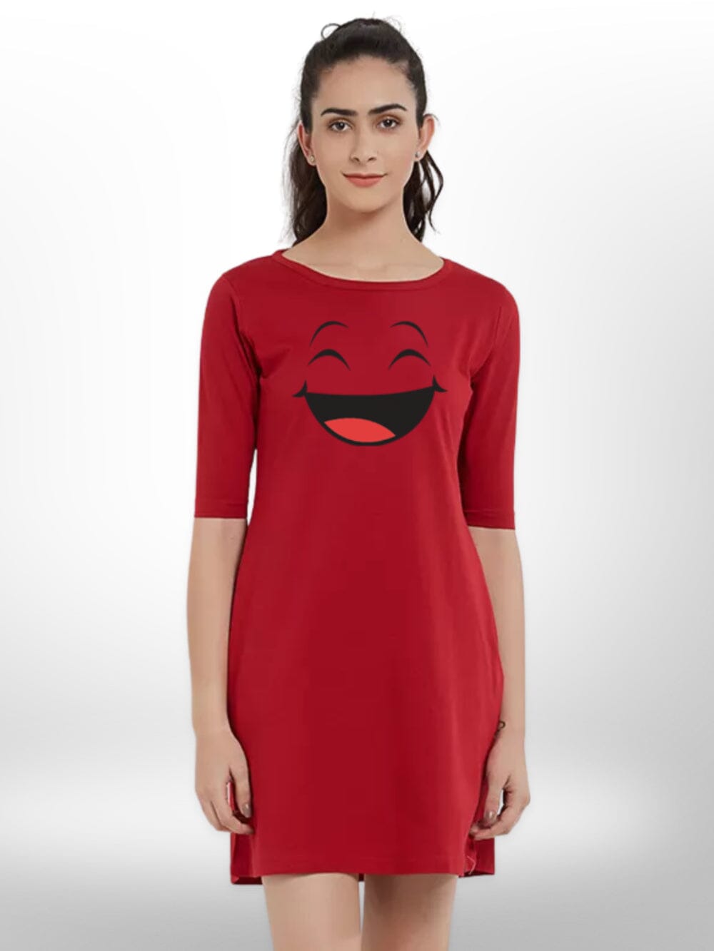 HAPPY SMILY PEINTED T - SHIRT THREE QUARTER SLEEVE SIDE POCKET For Women&