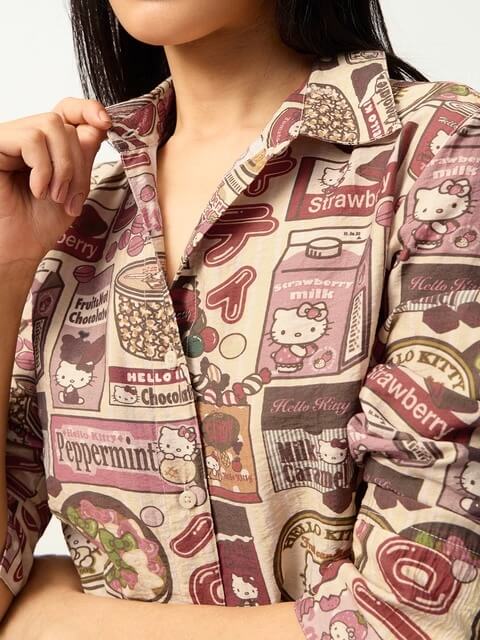 Hello Kitty Strawberry Milk Graphic Print Shirt with Side Ties 🍓 Legacy Boutiques Legacy Boutiques
