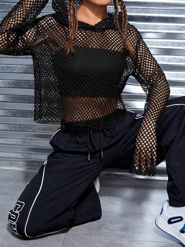 Hollow Off - Shoulder Fishnet Hooded Cropped Top (Camisole Not Included) dhaka Legacy Boutiques Legacy Boutiques