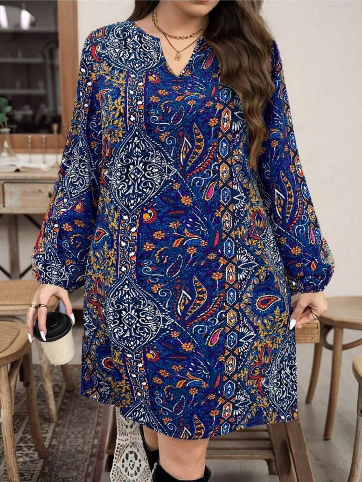 Indigo Bohemian Paisley Print Shift Dress - Long Sleeve Notched V - Neck Tunic Legacy Boutiques Legacy Boutiques