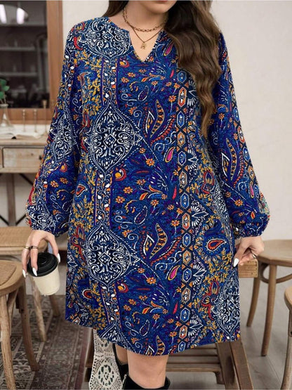 Indigo Bohemian Paisley Print Shift Dress - Long Sleeve Notched V - Neck Tunic Legacy Boutiques Legacy Boutiques