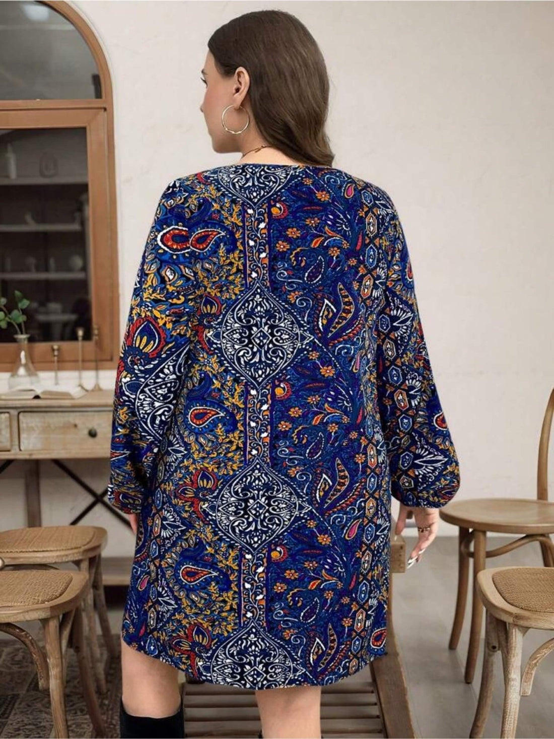 Indigo Bohemian Paisley Print Shift Dress - Long Sleeve Notched V - Neck Tunic Legacy Boutiques Legacy Boutiques