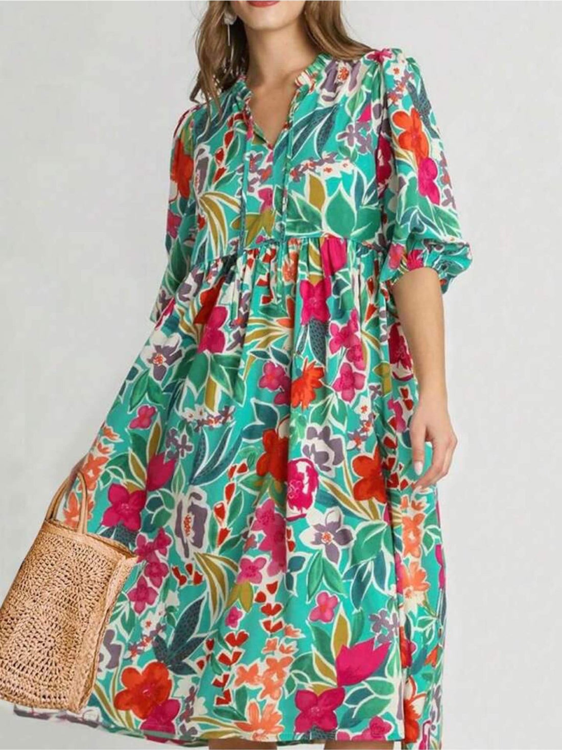 Island Bloom Teal Tropical V - Neck Midi Dress - Boho Tiered Sun Dress Legacy Boutiques Legacy Boutiques