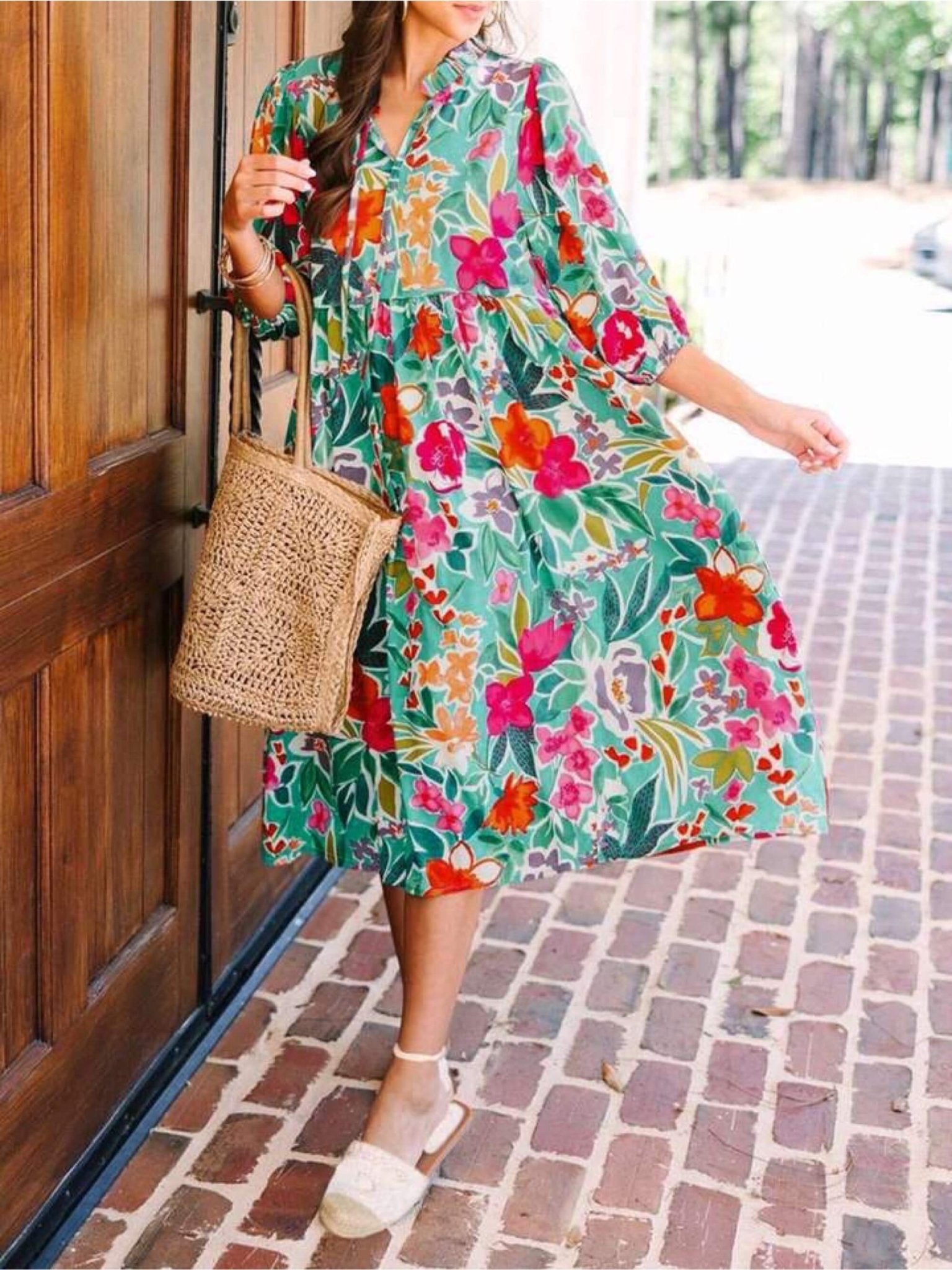 Island Bloom Teal Tropical V - Neck Midi Dress - Boho Tiered Sun Dress Legacy Boutiques Legacy Boutiques
