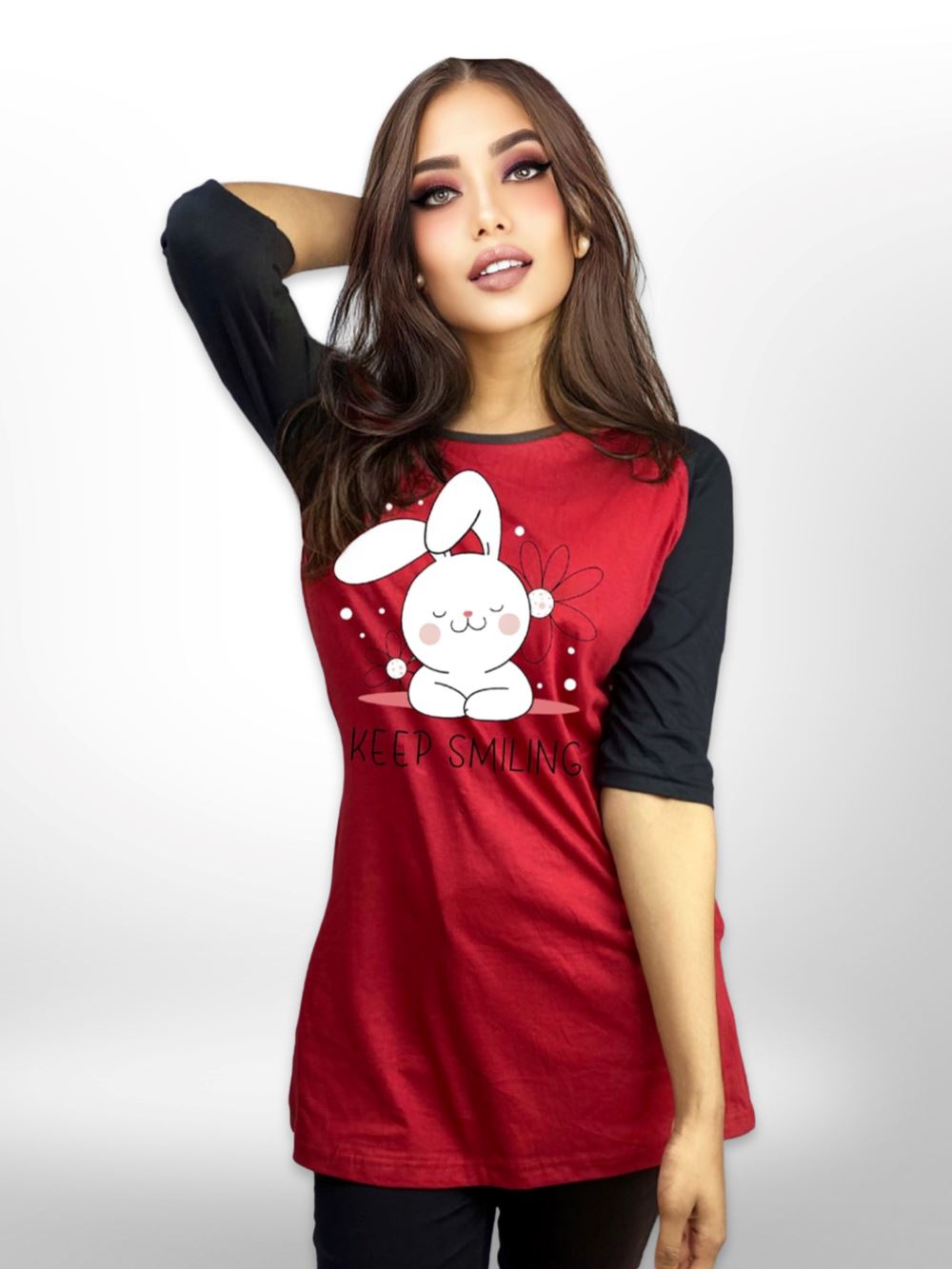 Keep Smiling Long T-shirt Raglan Sleeve Side Pocket For Women&