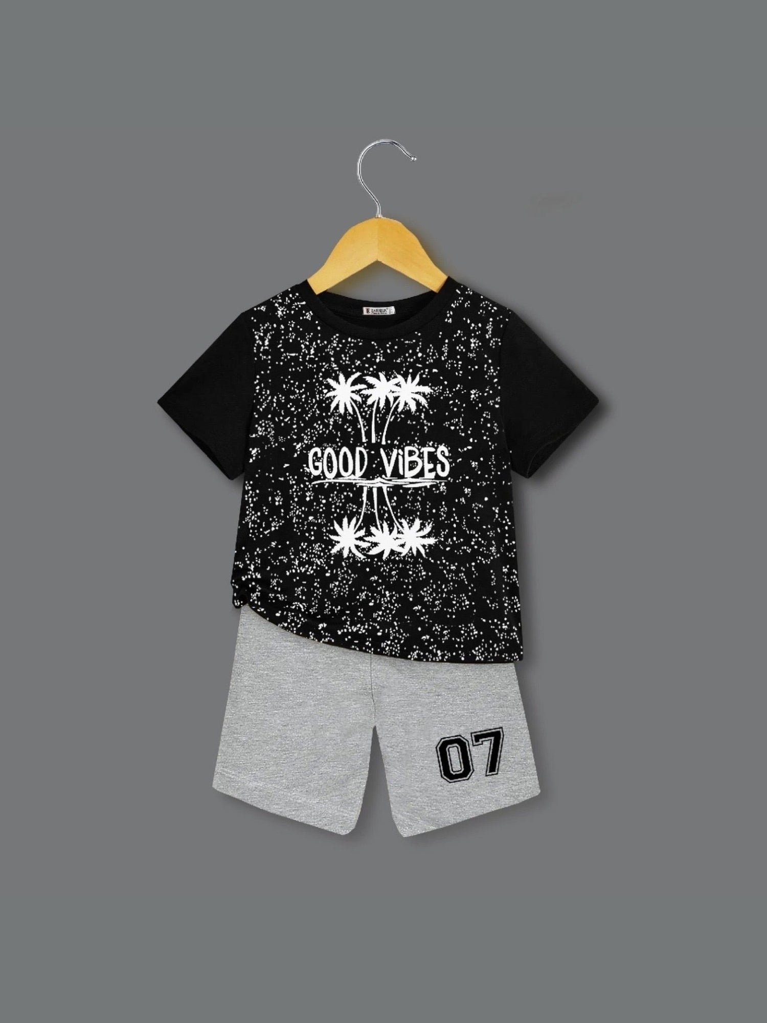 Kids Good Vibes Speckle Print T-Shirt and Grey Varsity Shorts Set Legacy Boutiques Legacy Boutiques