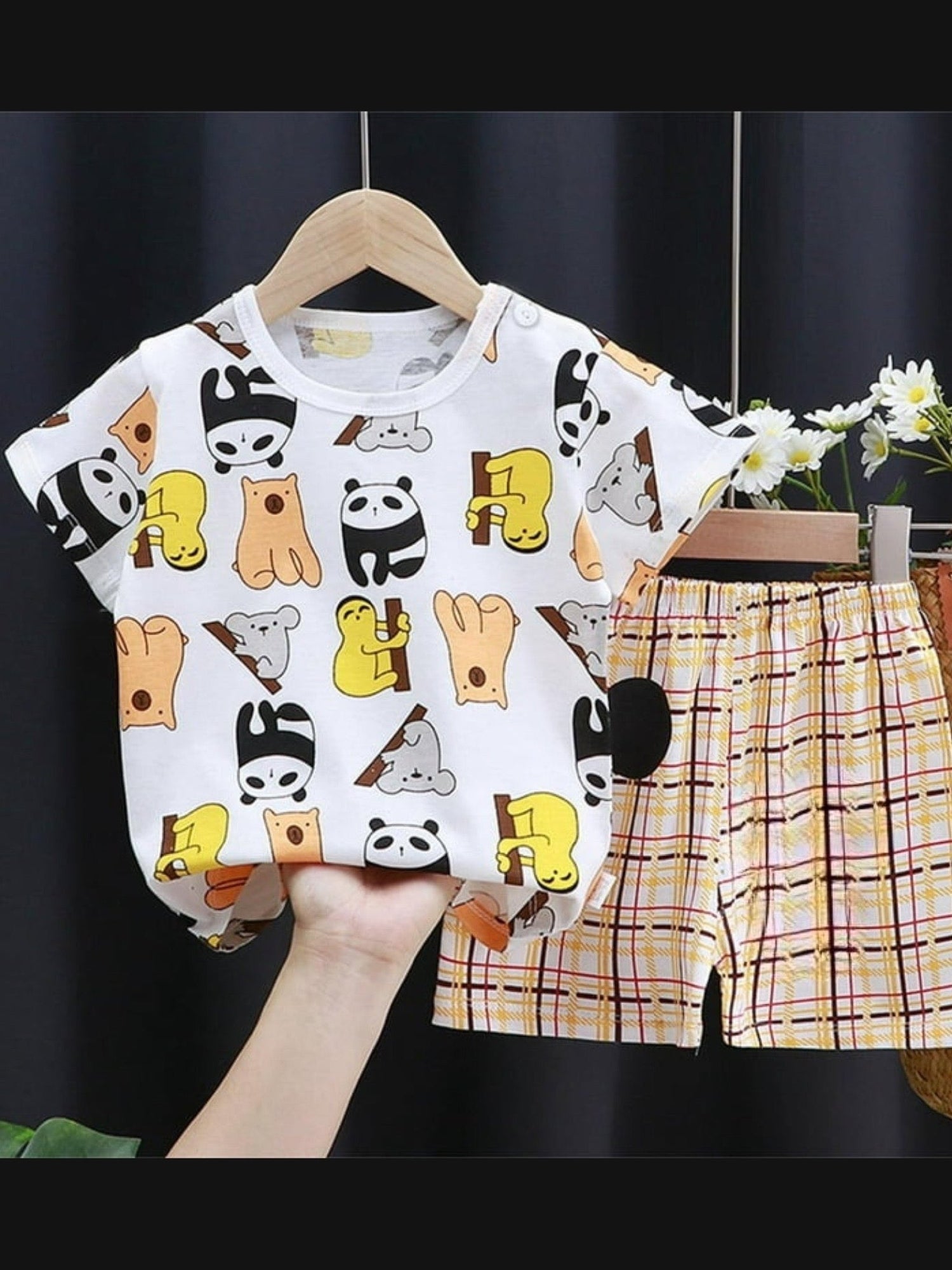 Kids Lazy Panda &amp; Sloth Cotton T-Shirt and Plaid Shorts 2 - Piece Summer Set Legacy Boutiques Legacy Boutiques