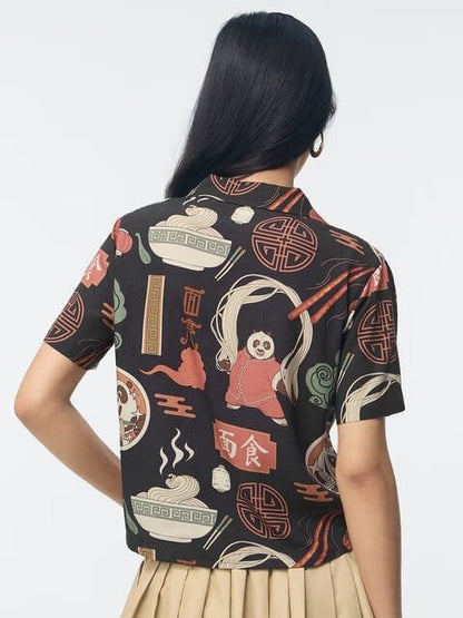Kung Fu Panda Noodle Print Cuban Collar Shirt - Black Graphic Button - Down Legacy Boutiques Legacy Boutiques