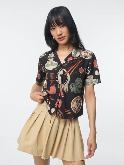 Kung Fu Panda Noodle Print Cuban Collar Shirt - Black Graphic Button - Down Legacy Boutiques Legacy Boutiques