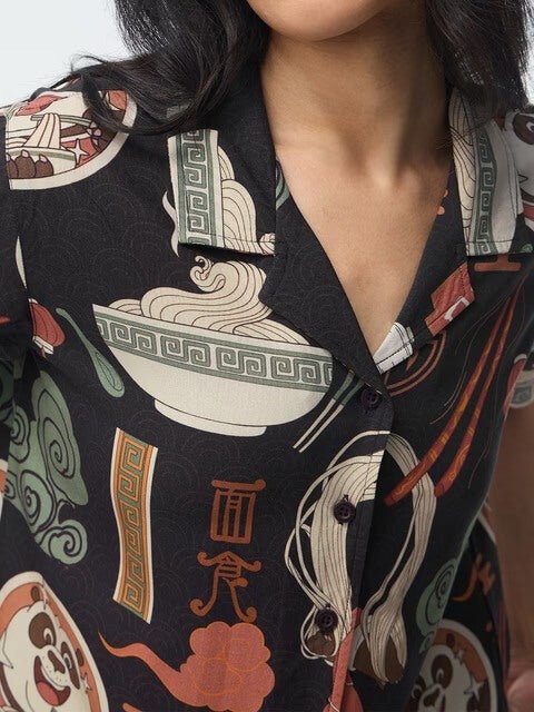 Kung Fu Panda Noodle Print Cuban Collar Shirt - Black Graphic Button - Down Legacy Boutiques Legacy Boutiques