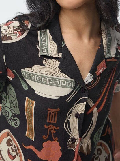 Kung Fu Panda Noodle Print Cuban Collar Shirt - Black Graphic Button - Down Legacy Boutiques Legacy Boutiques