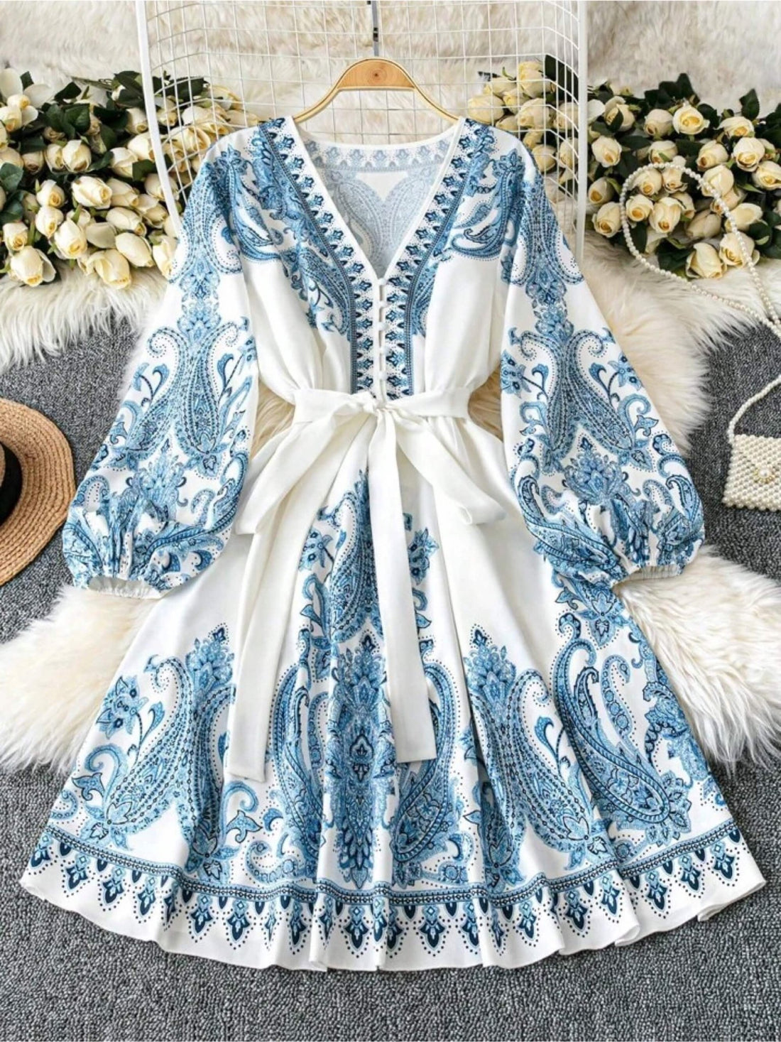 Ladies Blue Paisley Bishop Sleeve Bohemian Kurtis Legacy Boutiques Legacy Boutiques