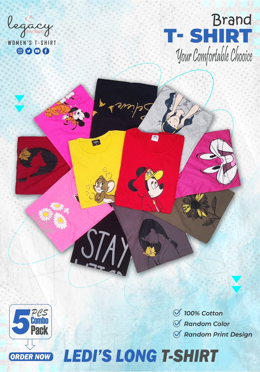 Ladies Long T-Shirt 5 Pis Combo, Cool Tees for Everyday Style – Stock Clearence Sale Legacy Boutiques Legacy Boutiques