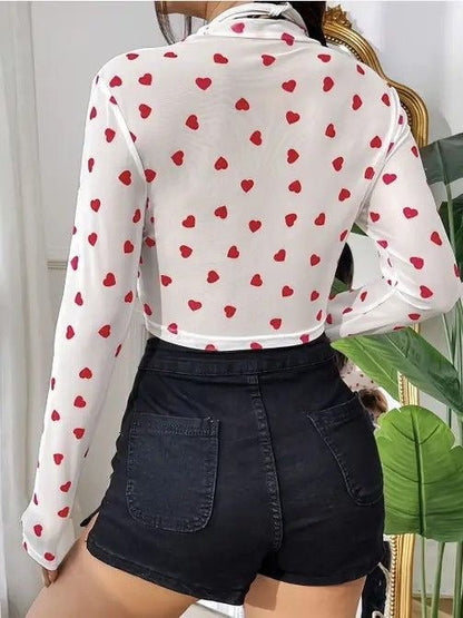 Ladies Sheer Mesh Top White Heart Printed Legacy Boutiques Legacy Boutiques