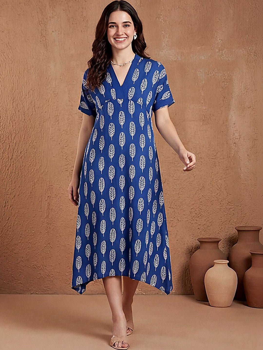 Leaf Printed Womens V Neck Ethnic Kurti Dress Legacy Boutiques Legacy Boutiques