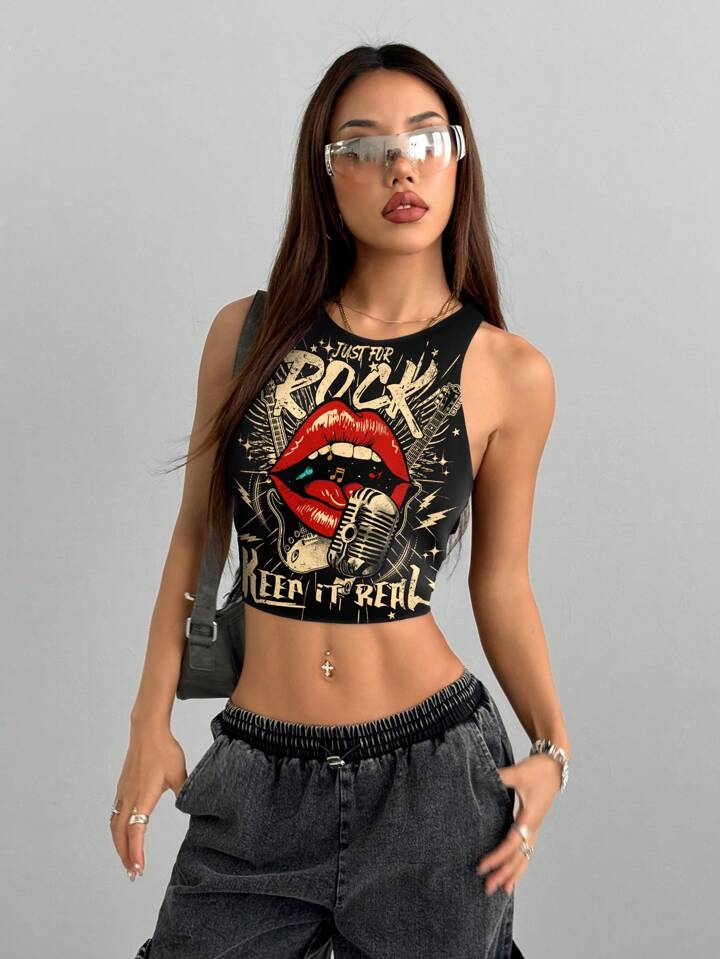 Letter Lip Rock and Roll Print Sleeveless Crop Top Legacy Boutiques Legacy Boutiques