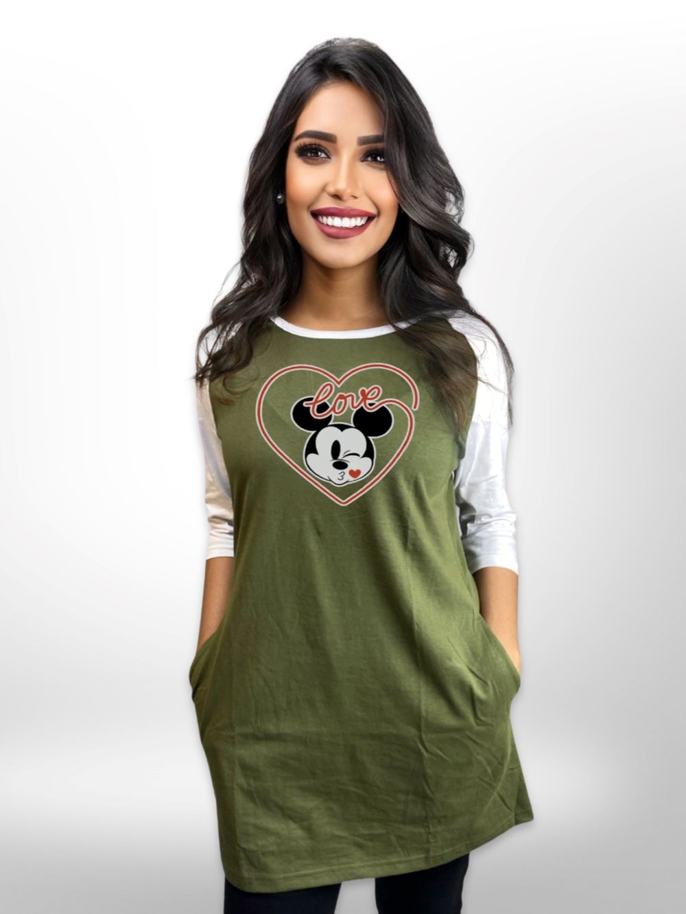 Love Singe Printed Long T-shirt Raglan Sleeve Side Pocket For Women&