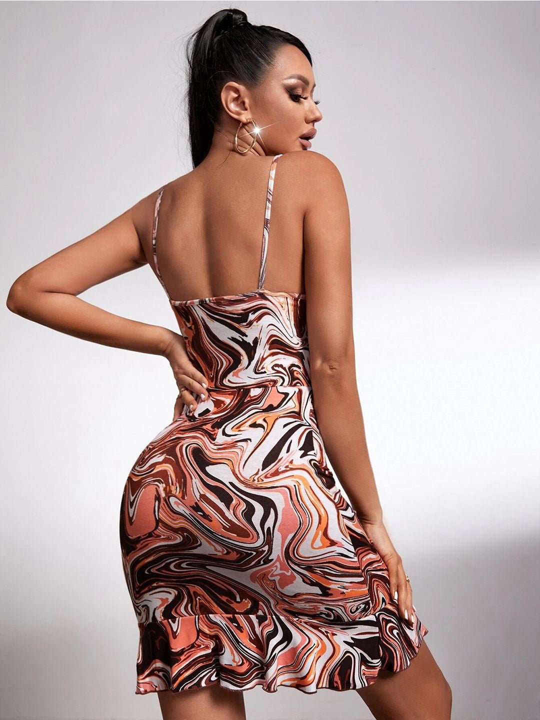 Marble Printed Drawstring Split Ruffle Hem Short Bodycon Legacy Boutiques Legacy Boutiques
