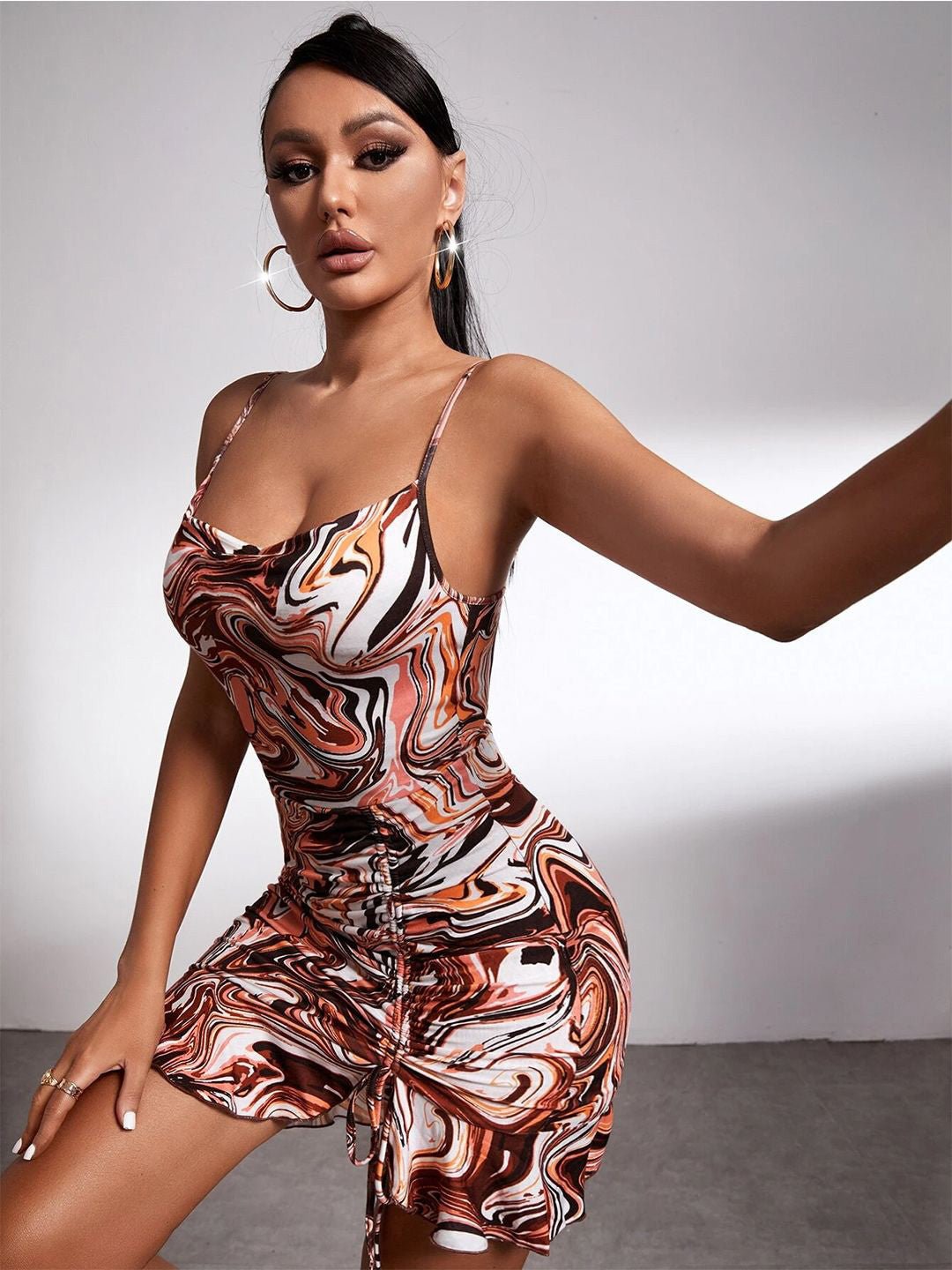 Marble Printed Drawstring Split Ruffle Hem Short Bodycon Legacy Boutiques Legacy Boutiques