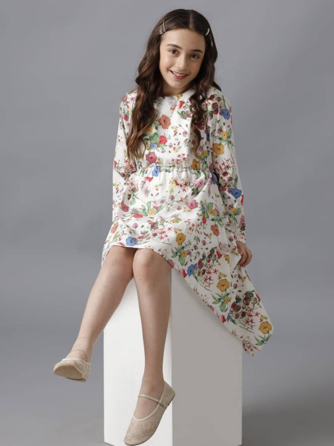 Meadow Bloom Long Sleeve High - Low Dress - Vibrant Floral White Party Wear Legacy Boutiques Legacy Boutiques