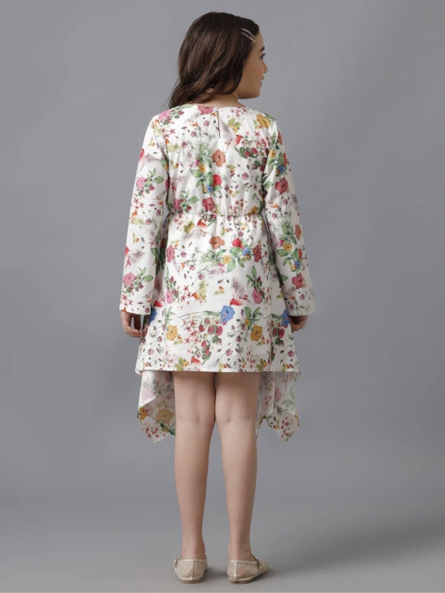 Meadow Bloom Long Sleeve High - Low Dress - Vibrant Floral White Party Wear Legacy Boutiques Legacy Boutiques