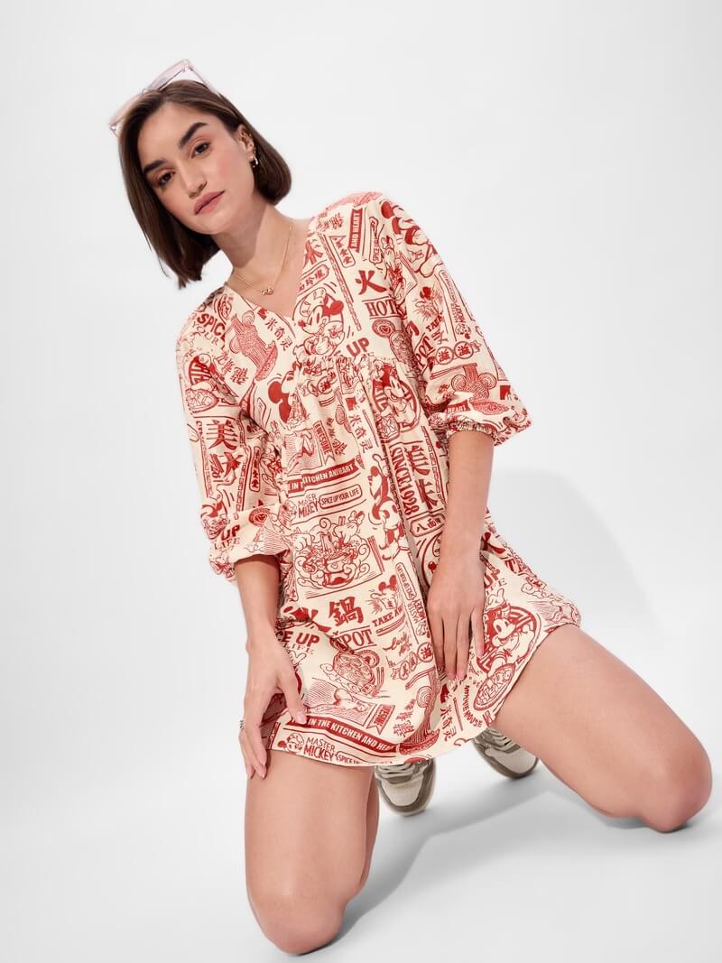 Mickey Mouse "Spice Up Your Life" Hotpot Print V - Neck Empire Mini Dress Legacy Boutiques Legacy Boutiques