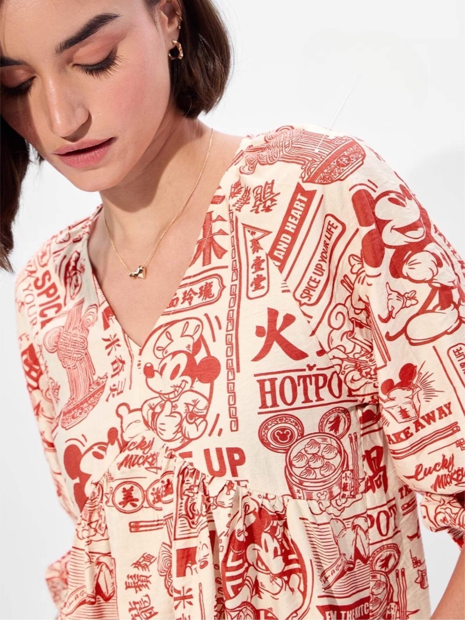 Mickey Mouse "Spice Up Your Life" Hotpot Print V - Neck Empire Mini Dress Legacy Boutiques Legacy Boutiques