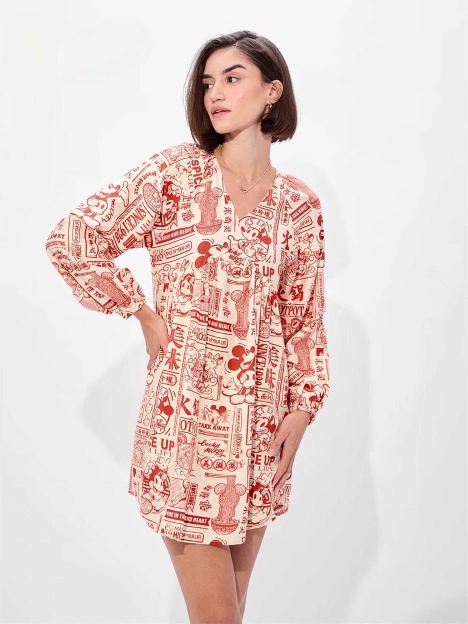 Mickey Mouse "Spice Up Your Life" Hotpot Print V - Neck Empire Mini Dress Legacy Boutiques Legacy Boutiques